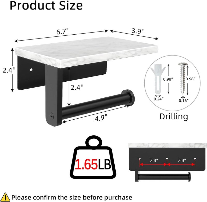 Gypie Marble Toilet Paper Holder with Shelf, 304 Stainless Steel Screw Wall Mounted, Tissue Roll Holder for Bathroom Washroom Matte Black - Image 3